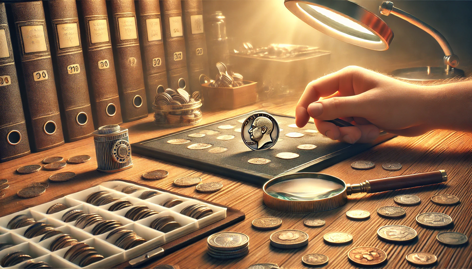 A coin collector closely examining a vintage coin through a magnifying glass in a well-lit, organized workspace.