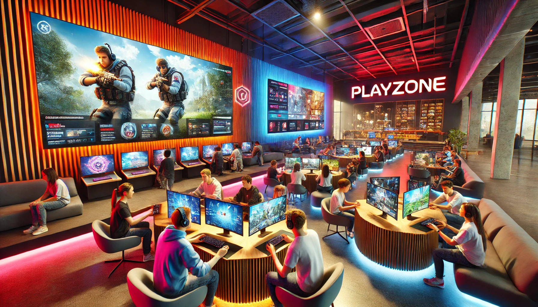 a vibrant gaming community hub featuring a high-tech lounge with players engaged in multiplayer games.