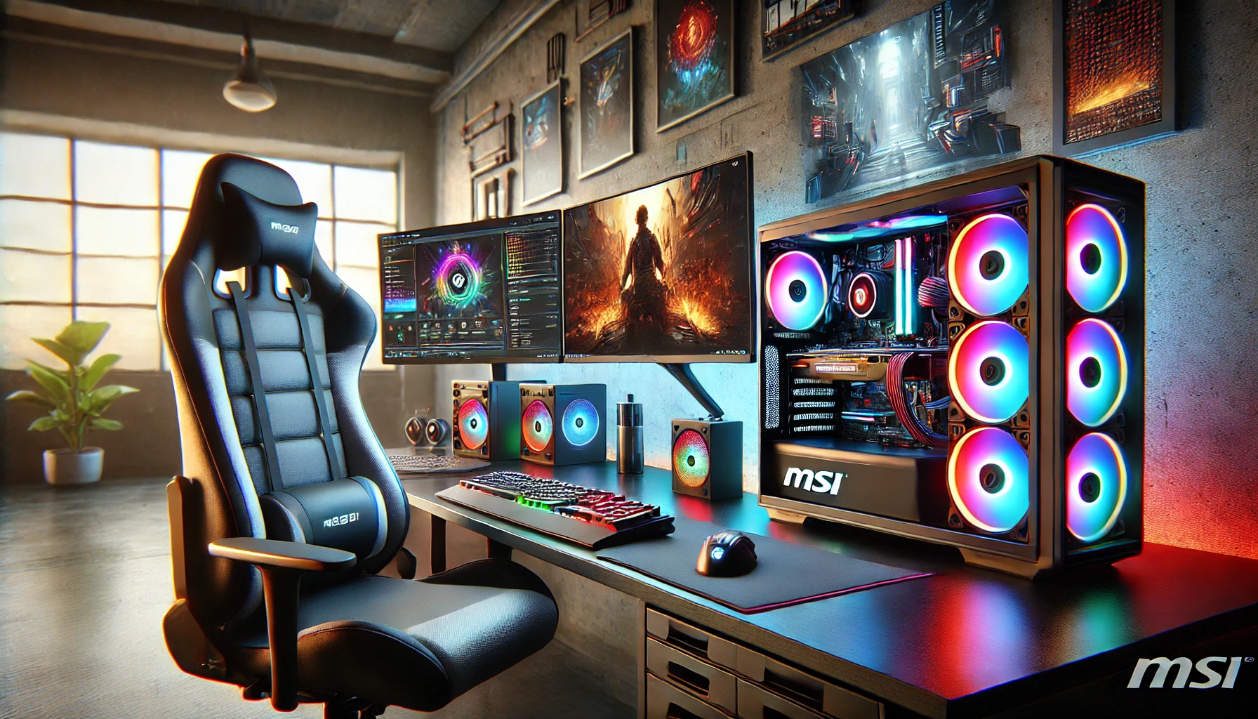 a modern gaming setup featuring a high-end PC with a sleek case, RGB lighting, dual monitors displaying gameplay and system performance tools like MSI Afterburner.