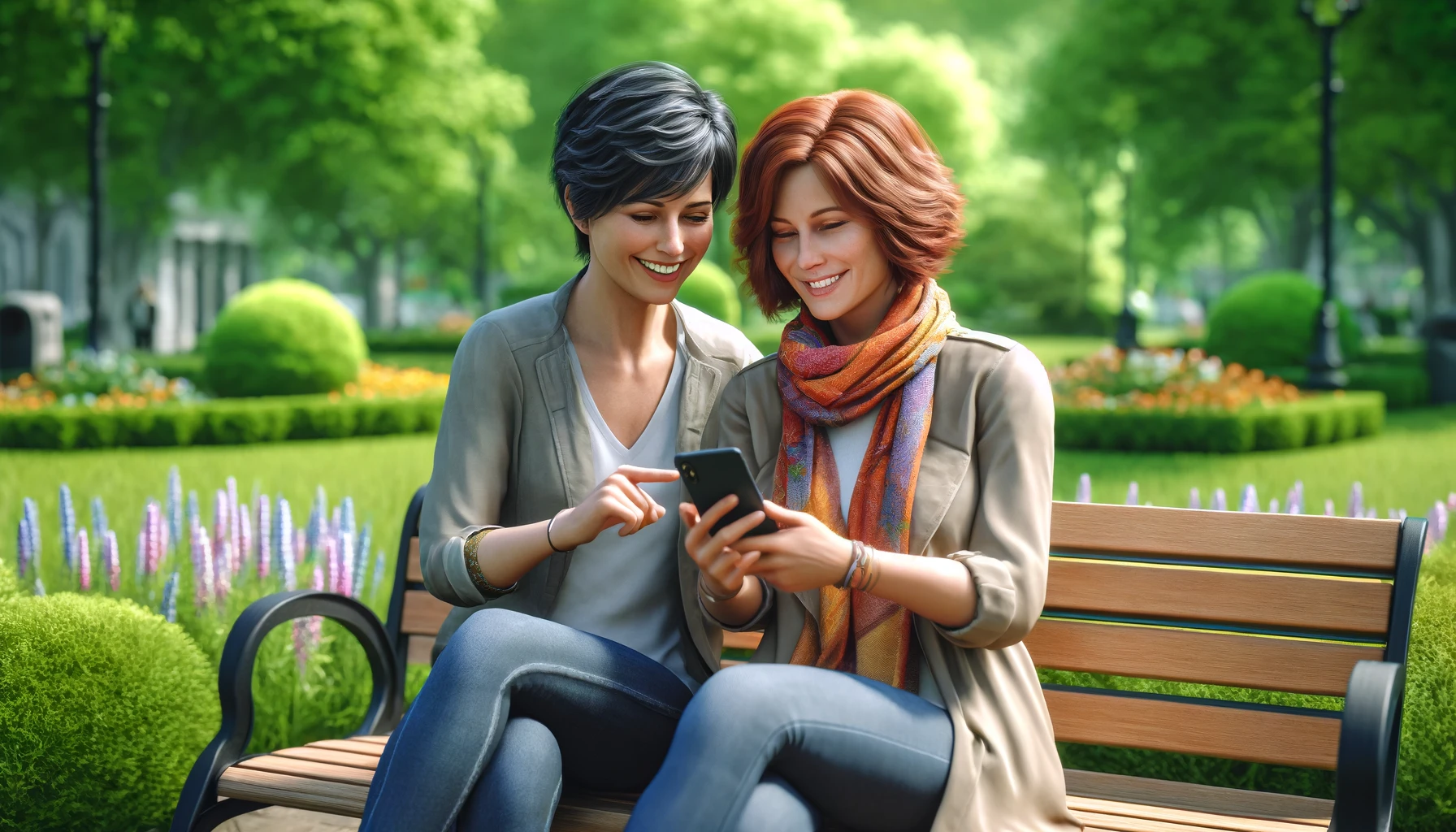 two middle-aged women sitting on a park bench, smiling and showing something on their phones to each other.
