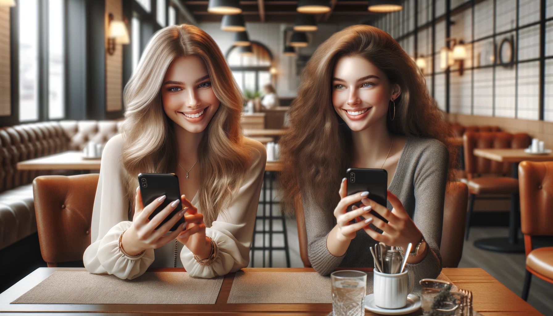 Two young women at a café: They are sitting at a café table, engaged in a friendly conversation, sharing content on their phones.