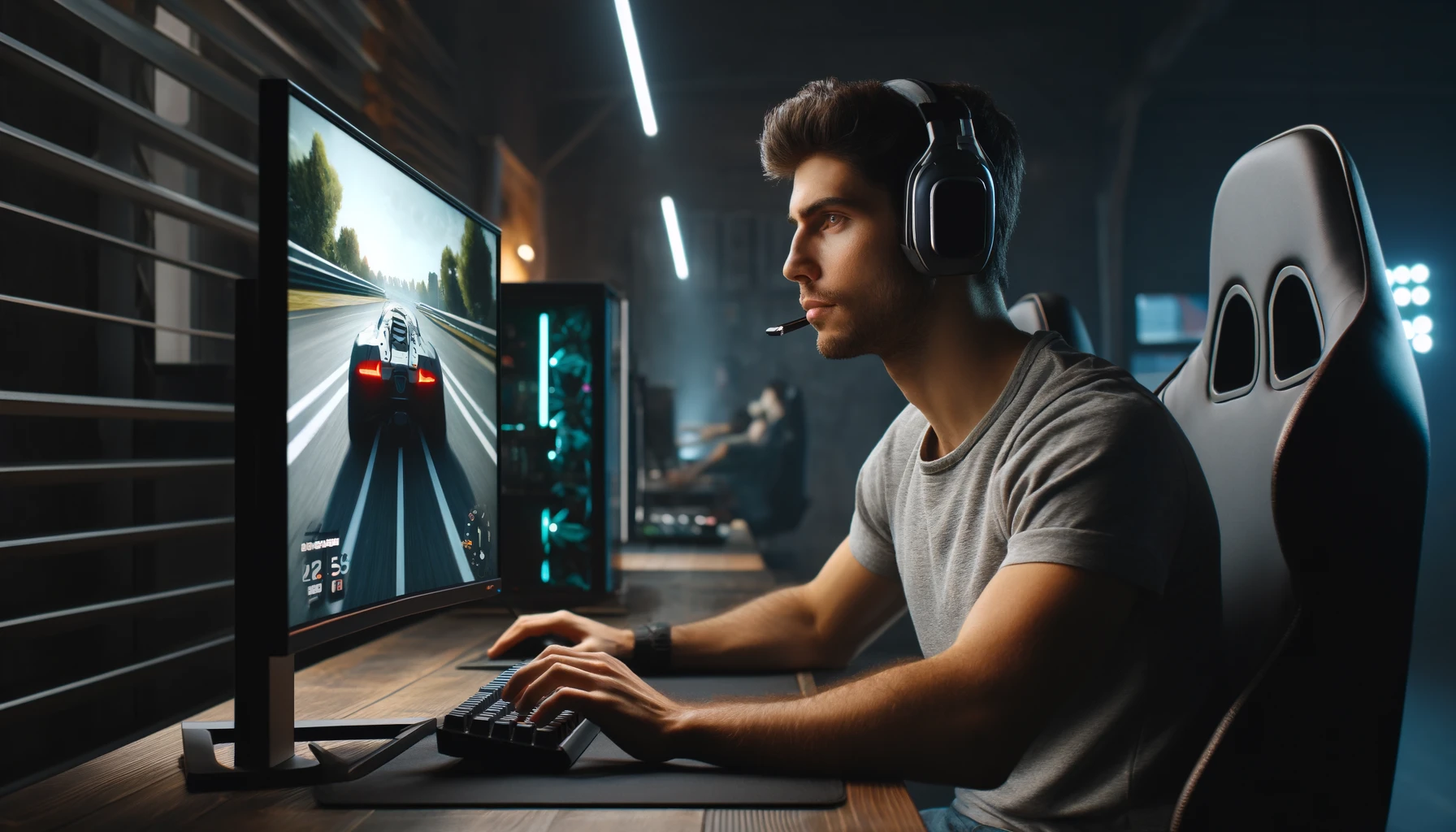 Young Man Playing a Racing Game: He is focused and engaged, sitting at a modern gaming desk equipped with LED lights.