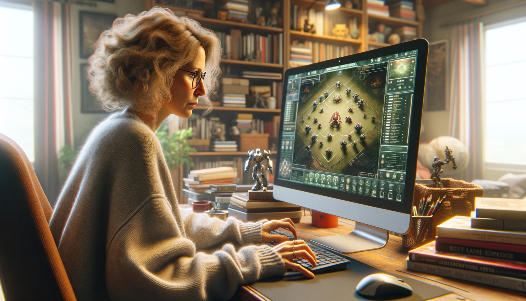 Middle-Aged Woman Playing a Strategy Game: She is intently focused, sitting in a cozy home office, with the screen displaying a complex strategy game interface.