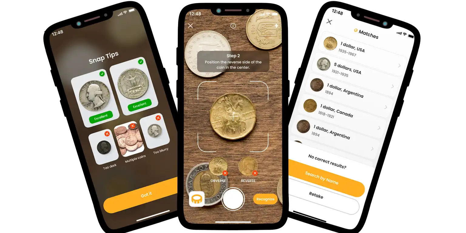 A screenshot from the Coin ID Scanner app showcasing its primary tools and coin identification interface.