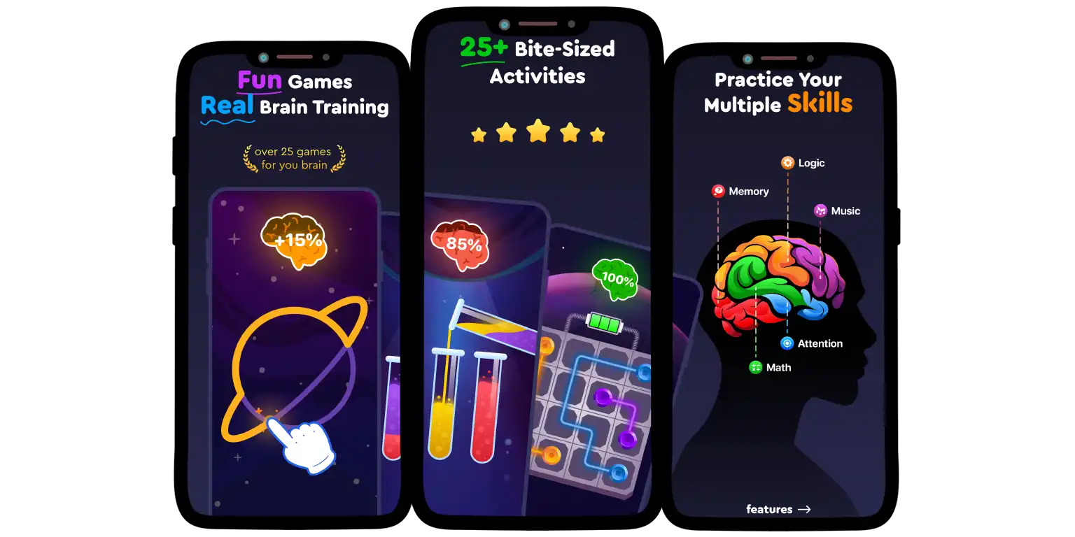 A screenshot illustrating the central features of the Mind Elevate app focused on brain training.