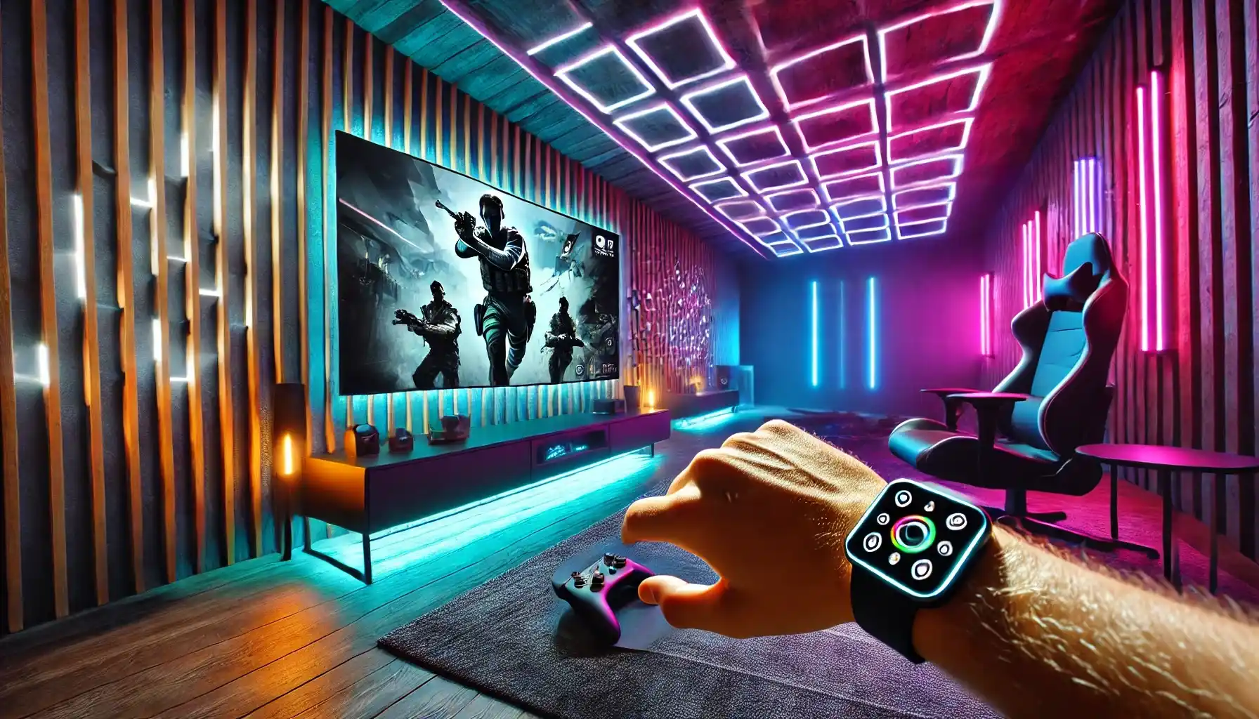 A futuristic gaming room is illuminated by immersive LED light panels. The lights dynamically change colors to match the action on a large gaming monitor.