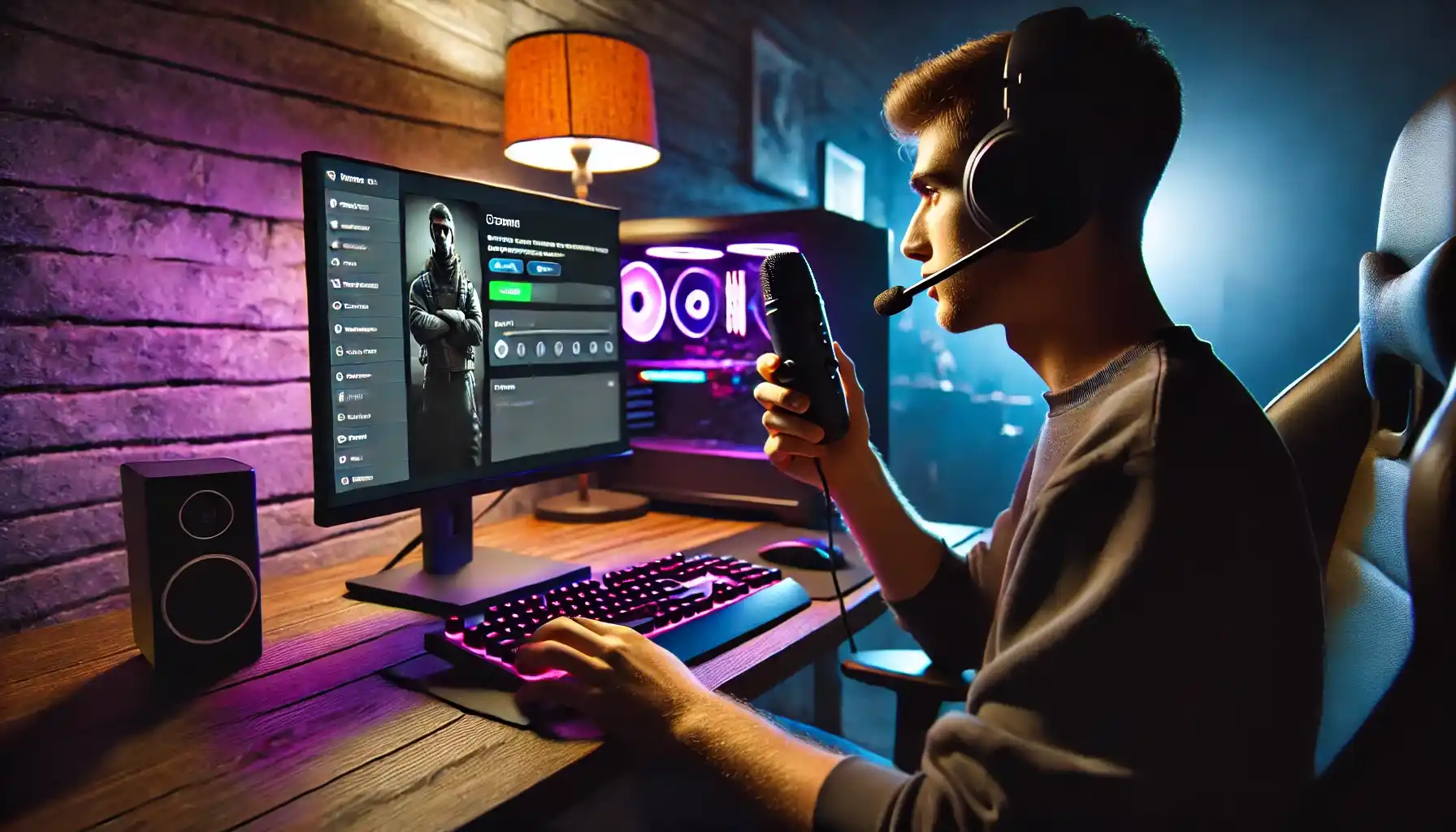 A gamer is using a voice chat app on his computer while playing an online multiplayer game. 