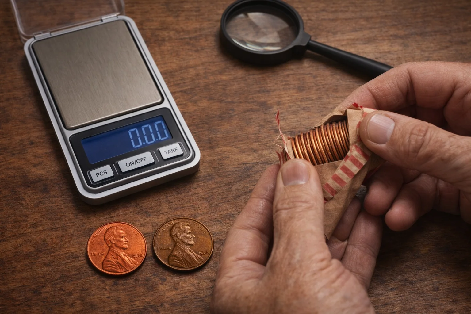 Collector opens a 1976 Lincoln cent roll on a wooden table.